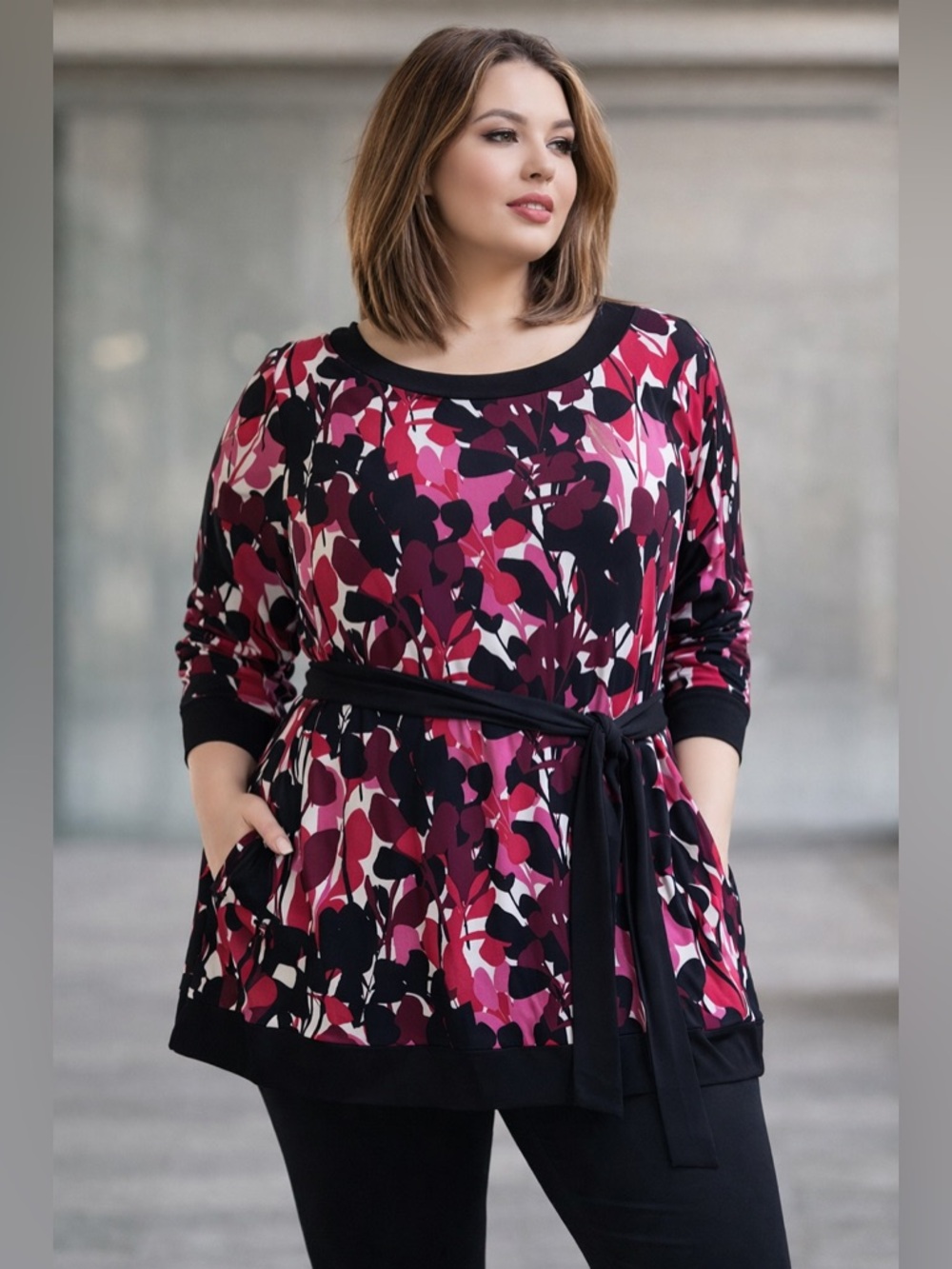 Dana Buchman Floral Self Belted 3/4 Sleeve Stretchy Top See Measurements Large